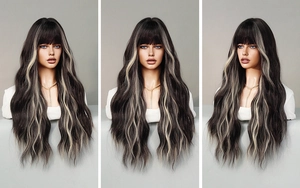 Detailed front and side views of long wavy ash wig with silver highlights and bangs