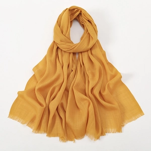 Breathable mustard yellow slub cotton long scarf with fringe edges for women