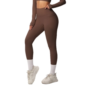 Deep brown high waist yoga set with long sleeve crop top and side pocket leggings