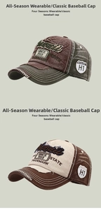 Detail of vintage washed canvas baseball caps with distressed brims and retro patches