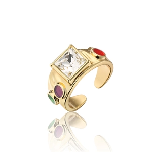 Bohemian 18K gold plated open ring featuring large square zircon and multicolor gemstones
