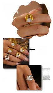 Detail of irregular geometric open ring with sparkling zircons in gold and silver finish