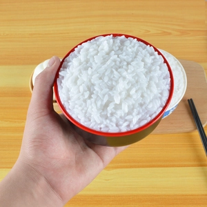 Close-up of realistic artificial white rice bowl model for food photography props