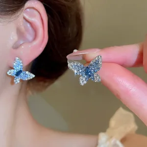 Boucles D'oreilles Papillon Avec Strass Bleu Blanc Et Tige En Argent Sterling 925 Bijoux Élégants Pour Femmes