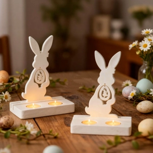 Detail of white hollow bunny candle holders on wood table for Easter decor