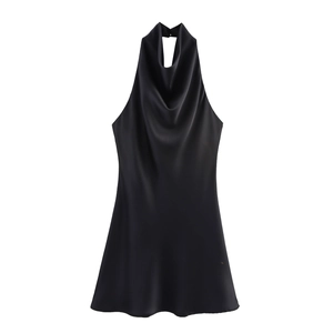 Satin Halter Mini Dress Cowl Neck Backless Sleeveless Sexy Elegant Party For Women