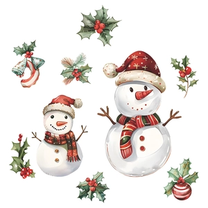 Christmas snowman wall sticker with holly leaves and red berries for home holiday decor