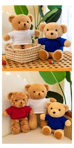 Detailweergave van pluche teddyberen met kleurrijke T-shirts in een gezellige kamer