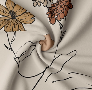 Close-up of floral tapestry showing soft textile texture and vintage hand-drawn art