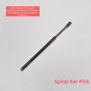 Detail view of silver stainless steel spiral ear pick with textured non-slip handle