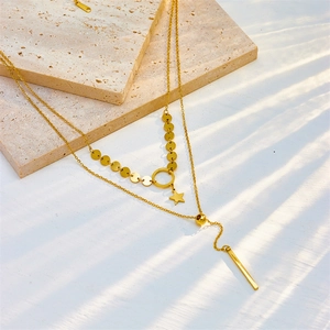 Double-layered titanium steel necklace with star pendant and sleek metallic tassels