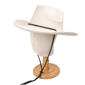 Detail of cream wool fedora with black woven rope band and adjustable windproof strap