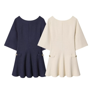 Robe Courte En Tweed Pour Femme Col Rond Manches Courtes Coupe Trapèze Style Français Élégant Avec Boutons Dorés