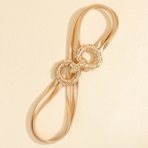 Elastic gold snake chain waist belt featuring a geometric double-ring knot buckle for women