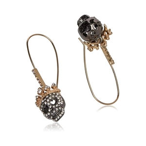 Gothic punk skull drop earrings with rhinestones and vintage gold finish on white background