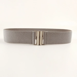 Detail of grey elastic fabric waist belt featuring a sleek silver metal buckle