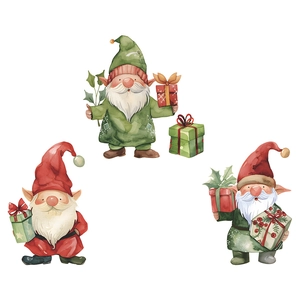 Three watercolor Christmas gnomes stickers with gifts and holly leaves for wall decoration