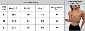 Detailed size chart for the cross back sports bra with bust and length measurements