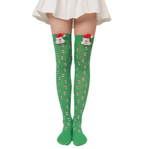 Christmas green over-knee stockings with 3D Santa Claus doll and festive snowflake patterns