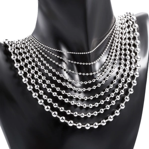 Polished stainless steel bead chain necklaces in multiple sizes shown on a black bust