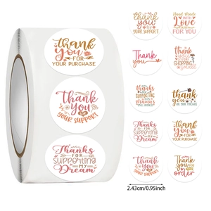 Detailed view of 10 cartoon thank you sticker designs with roll size measurements