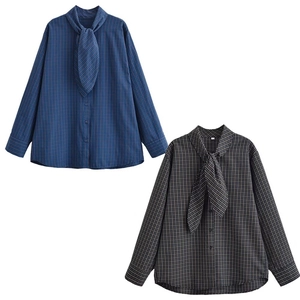 Chemisier À Carreaux Pour Femmes Manches Longues Nœud Papillon Polyester Décontracté Élégant Boutonné