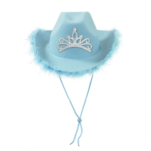 Light blue party cowboy hat with silver tiara and fluffy feather trim on white background