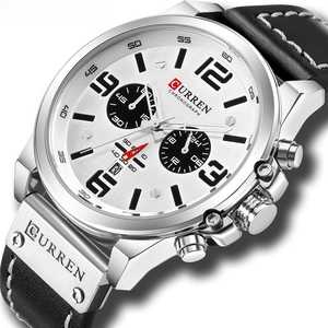 CURREN men's multifunctional chronograph watch with silver case and black leather strap