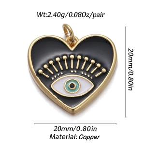 Macro detail of copper heart evil eye pendant with 20mm dimensions and weight specs