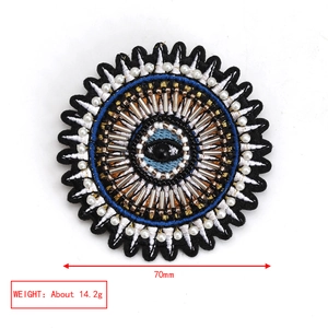 Detailed embroidered evil eye brooch with blue silk, pearls, beads and black gemstone