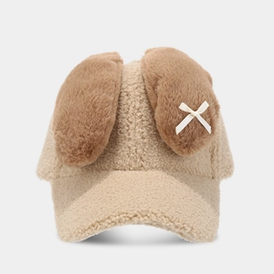 Casquette de baseball en peluche kaki avec oreilles de lapin brunes et petit nœud blanc