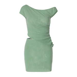 Detail of sage green knitted set with ruched asymmetric neckline and textured fabric