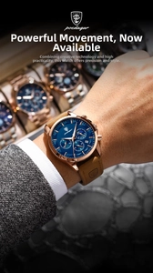 Close-up of waterproof quartz watch with rose gold case and brown leather strap on wrist
