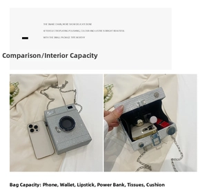 Sparkly box bag size comparison with smartphone and internal storage detail
