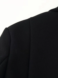 Detail shot of the shoulder seam and wool texture on a slim fit black coat