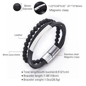 Multi-layer black leather bracelet with natural lava stone and magnetic clasp for men