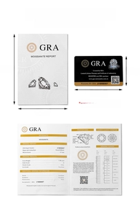 Macro shot of GRA Moissanite certification kit including grading report and warranty card