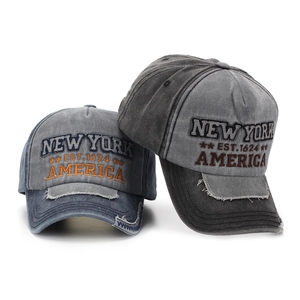 Distressed denim baseball caps with New York embroidery in smoke grey and denim blue