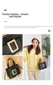 Close-up of black crocodile pattern handbag with gold buckle and stylish shoulder strap