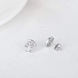 Elegant S925 sterling silver tree of life and crescent moon stud earrings with zircons
