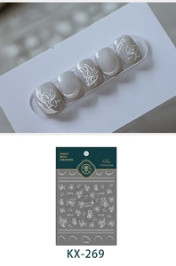 Detailed view of KX-269 5D nail art stickers with white floral and butterfly patterns