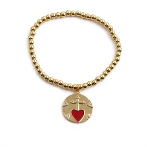Cross Heart Pendant Bracelet Copper Gold Plated Red Enamel Beaded Elastic Jewelry For Women