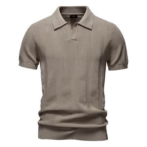 Detailed view of taupe knit polo shirt featuring vertical stripe texture and V-neckline