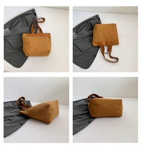 Multi-angle views of a yellow corduroy tote bag with brown leather reinforced corners