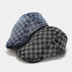 Vintage checkered denim beret cap with metal buckles for men and women in various colors