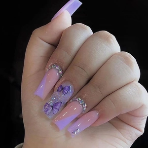 Ongles À Presser Papillon Violet Paillettes French Tip Longue Forme Cercueil Faux Ongles Artificiels Style Princesse Douce