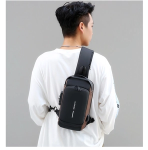 Detail of multi-functional chest bag with anti-theft lock and USB charging port