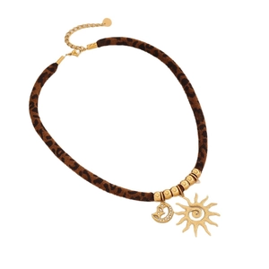 Vintage leopard print sun and moon pendant necklace with golden chain for women