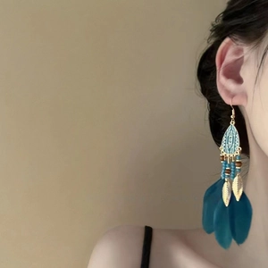 Détail de boucles d'oreilles bohèmes à longues franges avec plumes bleues et métal creux