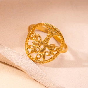Adjustable golden stainless steel ring featuring a hollow Tree of Life design and star accent